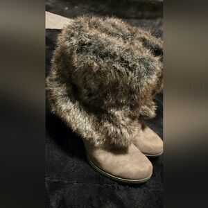 Faux Fur Trim Suede Boots - Brown 7.5